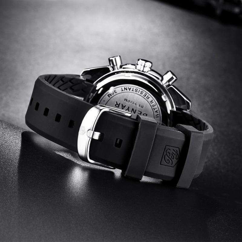 Stevvex mens stainless steel quartz chronograph watch with black rubber strap and buckle on Tampa Home & Garden Store