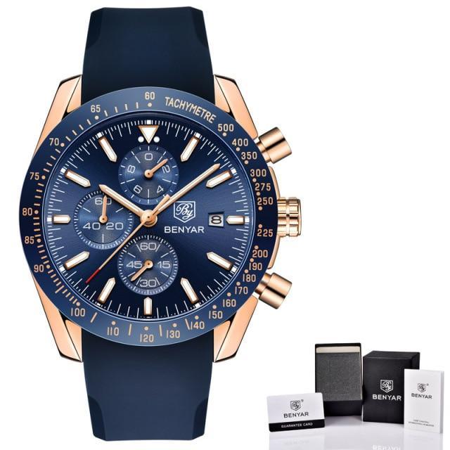 Benyar men's luxury stainless steel quartz chronograph watch with blue dial and blue strap on Tampa Home & Garden Store