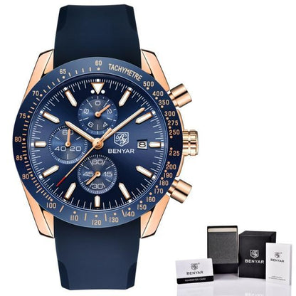 Benyar men's luxury stainless steel quartz chronograph watch with blue dial and blue strap on Tampa Home & Garden Store