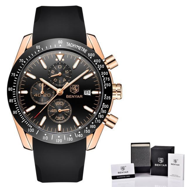 Watch, men's stainless steel quartz with black dial, rose-gold case, tachymeter bezel on Tampa Home & Garden Store