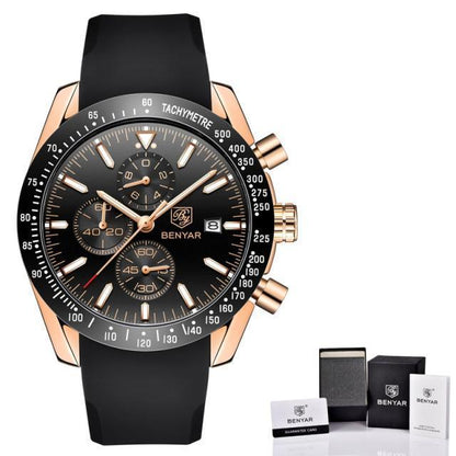 Watch, men's stainless steel quartz with black dial, rose-gold case, tachymeter bezel on Tampa Home & Garden Store
