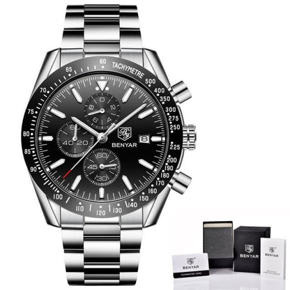 Men's stainless chronograph watch with black dial and tachymeter bezel BENYAR branding on Tampa Home & Garden Store