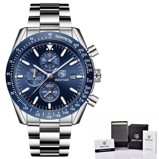 Watch BENYAR stainless steel quartz chronograph with blue dial and tachymeter on Tampa Home & Garden Store
