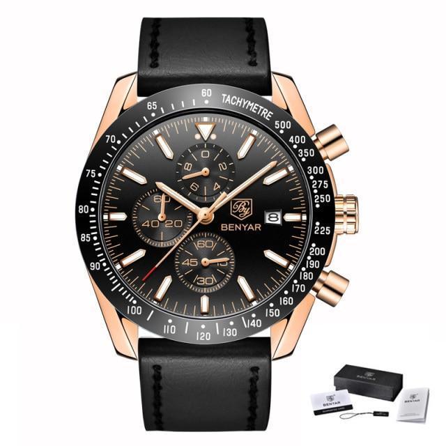 Luxury men's stainless steel quartz chronograph watch with black dial and rose gold case on Tampa Home & Garden Store