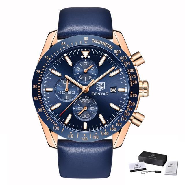 Stevvex men's luxury quartz watch with blue dial and blue leather strap Benyar logo on Tampa Home & Garden Store