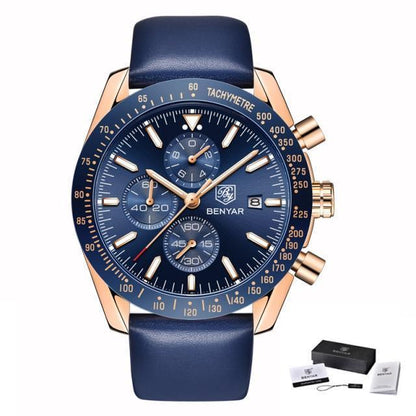 Stevvex men's luxury quartz watch with blue dial and blue leather strap Benyar logo on Tampa Home & Garden Store