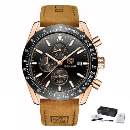 Luxury men's stainless steel quartz watch with rose-gold case, black dial and tan leather strap on Tampa Home & Garden Store
