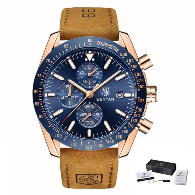 Stevvex luxury men's stainless steel quartz watch with blue dial and tan leather strap on Tampa Home & Garden Store