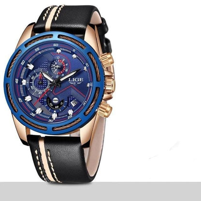 Waterproof men's sports watch with blue dial and gold-tone case, black leather strap LIGE on Tampa Home & Garden Store