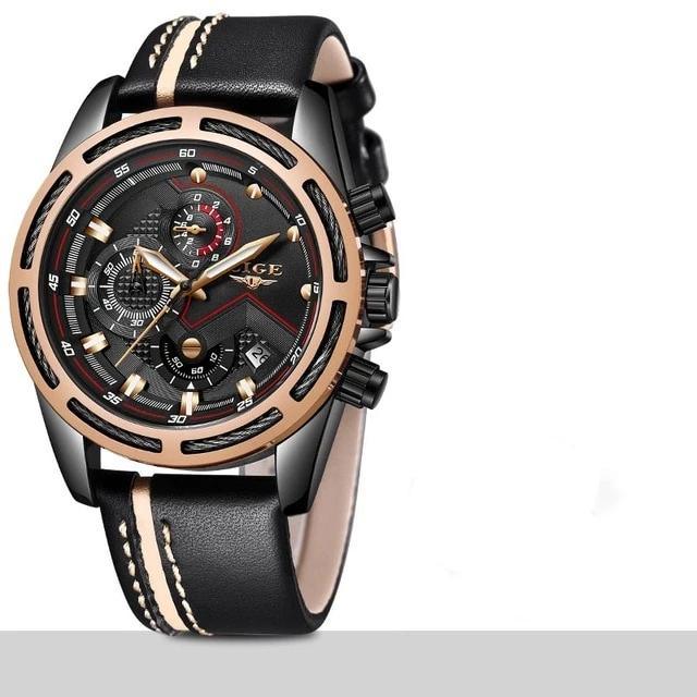 Waterproof men's sports watch from Stevvex with black leather strap and rose-gold bezel on Tampa Home & Garden Store