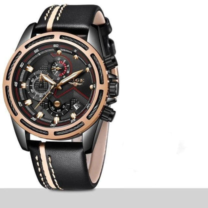 Waterproof men's sports watch from Stevvex with black leather strap and rose-gold bezel on Tampa Home & Garden Store