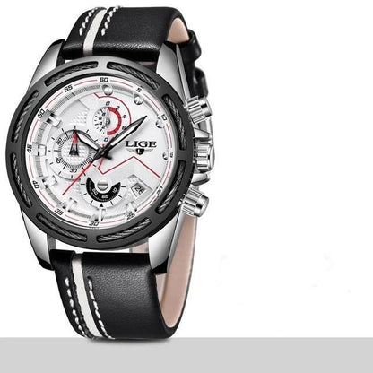 LIGE waterproof men's sport chronograph watch with black leather strap, white dial on Tampa Home & Garden Store