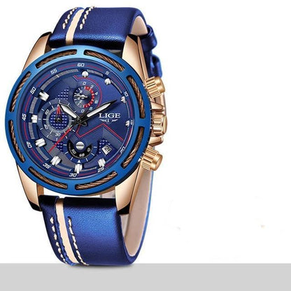Waterproof Men's Watch with blue leather strap, gold-tone case, LIGE dial with day/date on Tampa Home & Garden Store