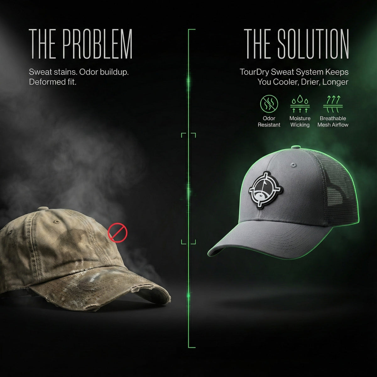 Aiming Fluid Golf snapback hat in gray with mesh back and logo patch; beige hat next to it on Tampa Home & Garden Store