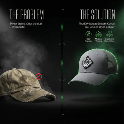 Aiming Fluid Golf snapback hat in gray with mesh back and logo patch; beige hat next to it on Tampa Home & Garden Store