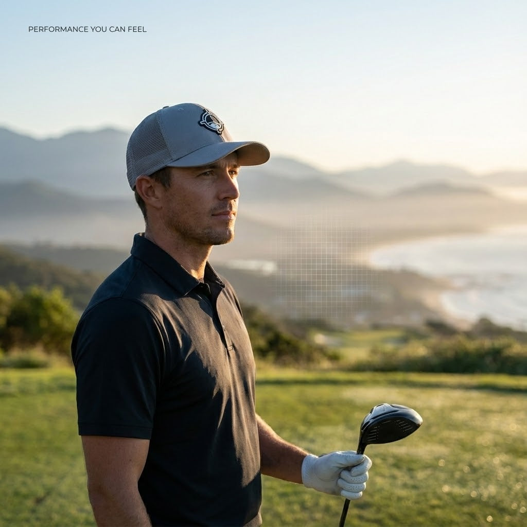 Aiming Fluid Golf TourDry Performance Hat, gray front panel with mesh back snapback on Tampa Home & Garden Store