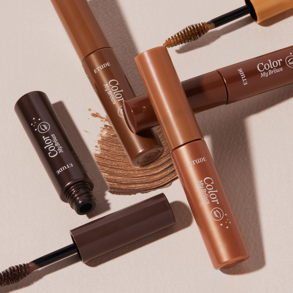 ETUDE Color My Brows eyebrow color by Seoulia in brown shades with wand on beige backdrop on Tampa Home & Garden Store