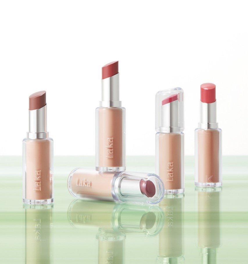 Laka Bonding Glow Lipstick by Seoulia in nude beige shades, sleek clear-cap lipstick tubes on Tampa Home & Garden Store
