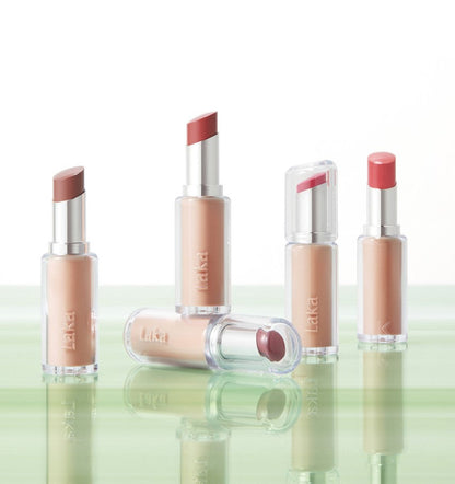 Laka Bonding Glow Lipstick by Seoulia in nude beige shades, sleek clear-cap lipstick tubes on Tampa Home & Garden Store