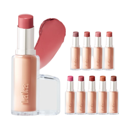 Laka Bonding Glow Lipstick by Seoulia nude-rose shades set with swatch and bottle display on Tampa Home & Garden Store