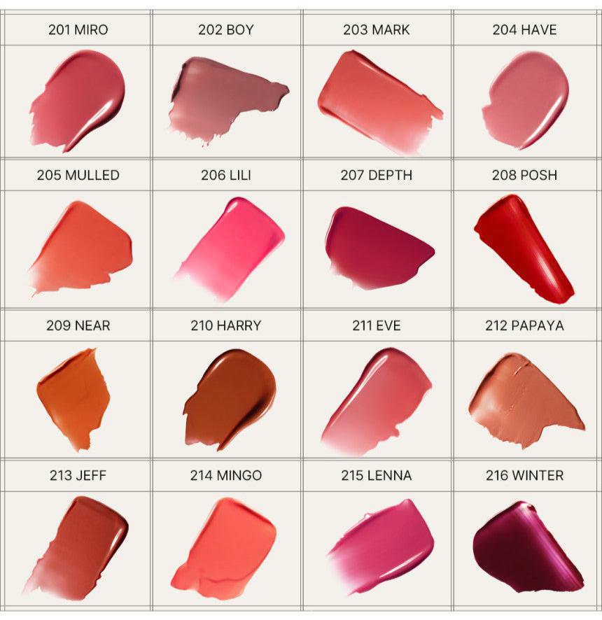 Laka Bonding Glow Lipstick swatches by Seoulia in 24 shades from pink to nude tones on Tampa Home & Garden Store