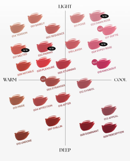 MUZIGAE MANSION Rainbow Mansion Objet Lip Tint swatch chart with warm to deep shades by Seoulia on Tampa Home & Garden Store