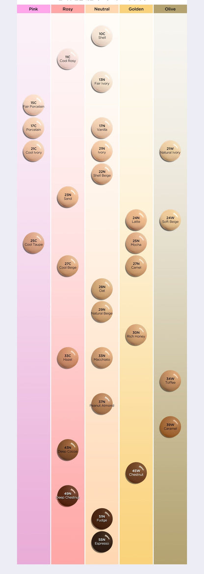 TIRTIR Mask Fit Red Foundation shade chart by Seoulia with 23 swatches across pink to olive on Tampa Home & Garden Store