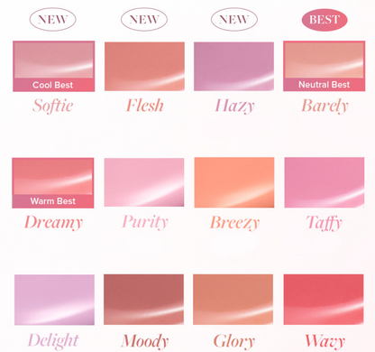 Petal Drop Liquid Blush swatch chart with 12 pink and peach shades on Tampa Home & Garden Store