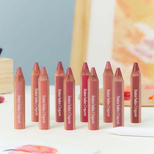 CLIO Butter Balm Crayon lip color set by Seoulia, 9 nude-pink pencils with a visible sharpener on Tampa Home & Garden Store