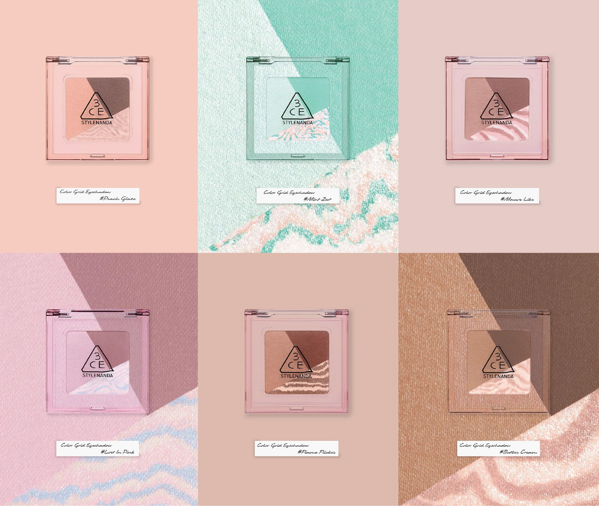 Nine 3CE Color Grid Eyeshadow 3.3g (6colors) EYESHADOW by Seoulia in pastel pink cases on Tampa Home & Garden Store