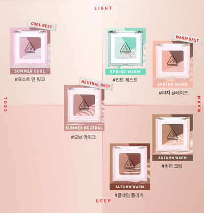 3CE Color Grid Eyeshadow by Seoulia, 6-color palette in cool, warm tones on peach gradient on Tampa Home & Garden Store