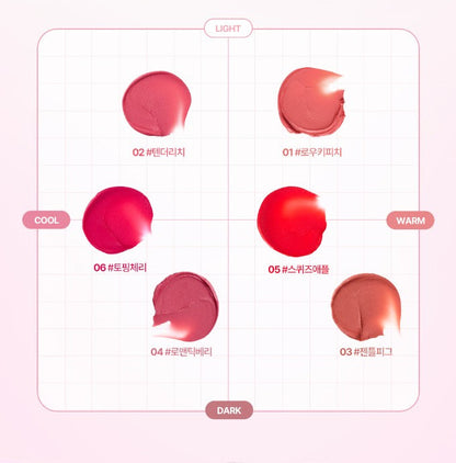 lilybyred Balming Dewy Tint lip tint by Seoulia with 6 swatches in cool to warm pinks and reds on Tampa Home & Garden Store