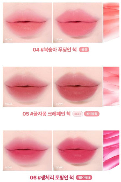 lilybyred Sweet Liar Milky Tint lip tint by Seoulia — six pink peach swatches (04–06) on Tampa Home & Garden Store