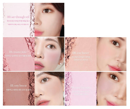 mude Flutter Blusher 5g Seoulia five-color swatch collage with model pink textures on Tampa Home & Garden Store