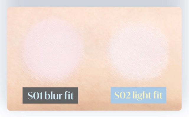 Seoulia mude Setting Powder Pact 11.2g swatches S01 blur fit & S02 light fit on beige background on Tampa Home & Garden Store