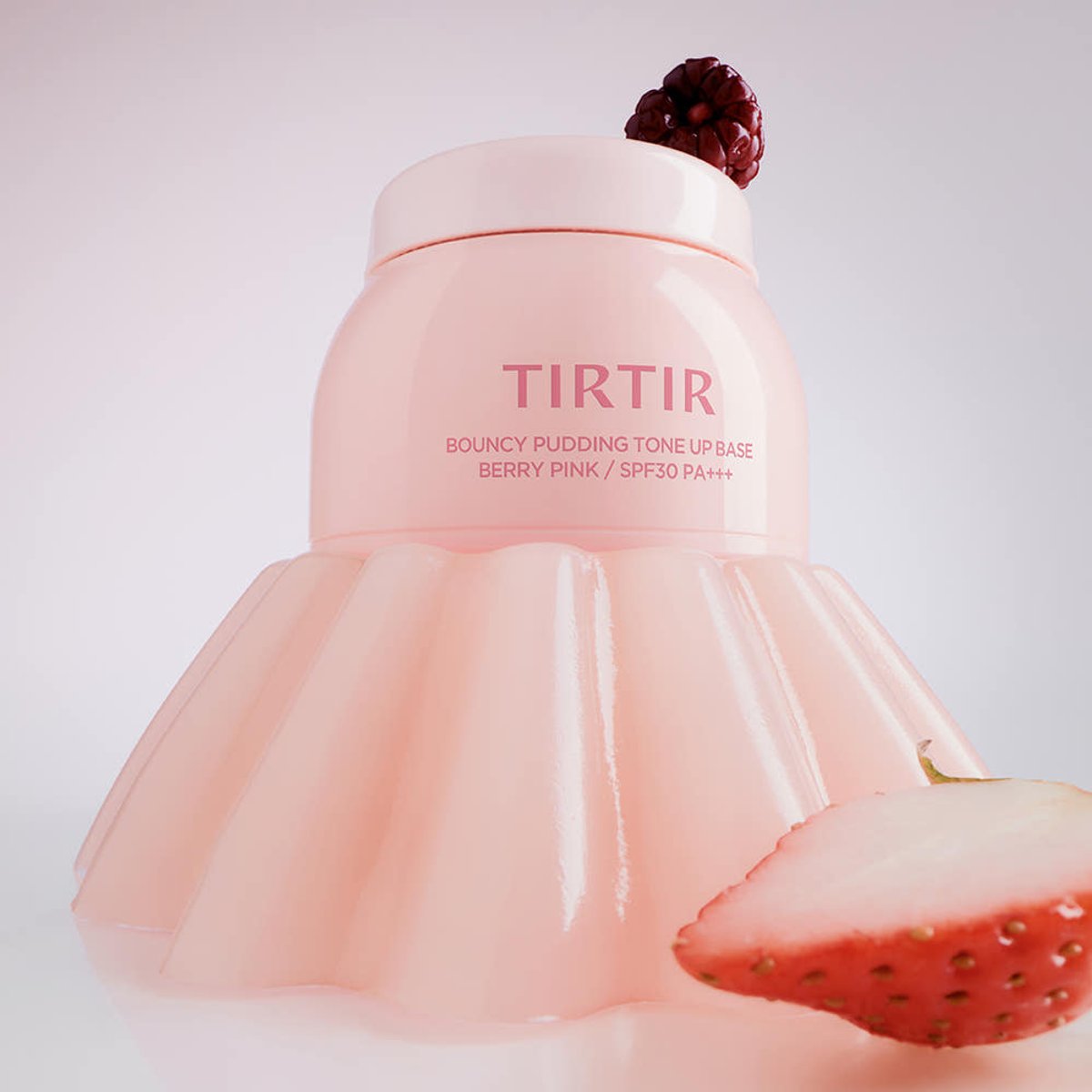 TIRTIR Bouncy Pudding Tone Up Base SPF30 PA++ berry pink makeup base bottle with strawberry on Tampa Home & Garden Store