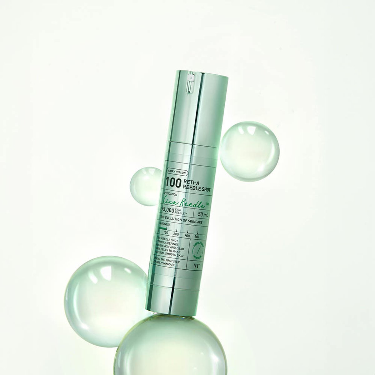 VT RETI-A REEDLE SHOT 100 50ml essence bottle by Seoulia, green metallic pump amid bubbles on Tampa Home & Garden Store