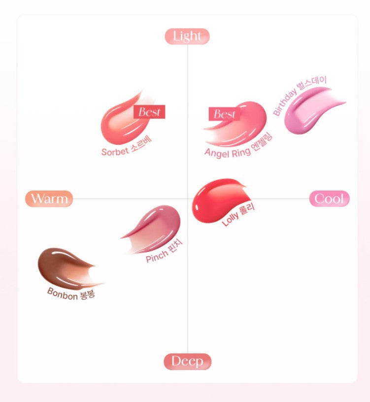 Seoulia Dressy Dew Lip Gel 10g color swatches Sorbet, Angel Ring, Birthday, Bonbon, Pinch on Tampa Home & Garden Store