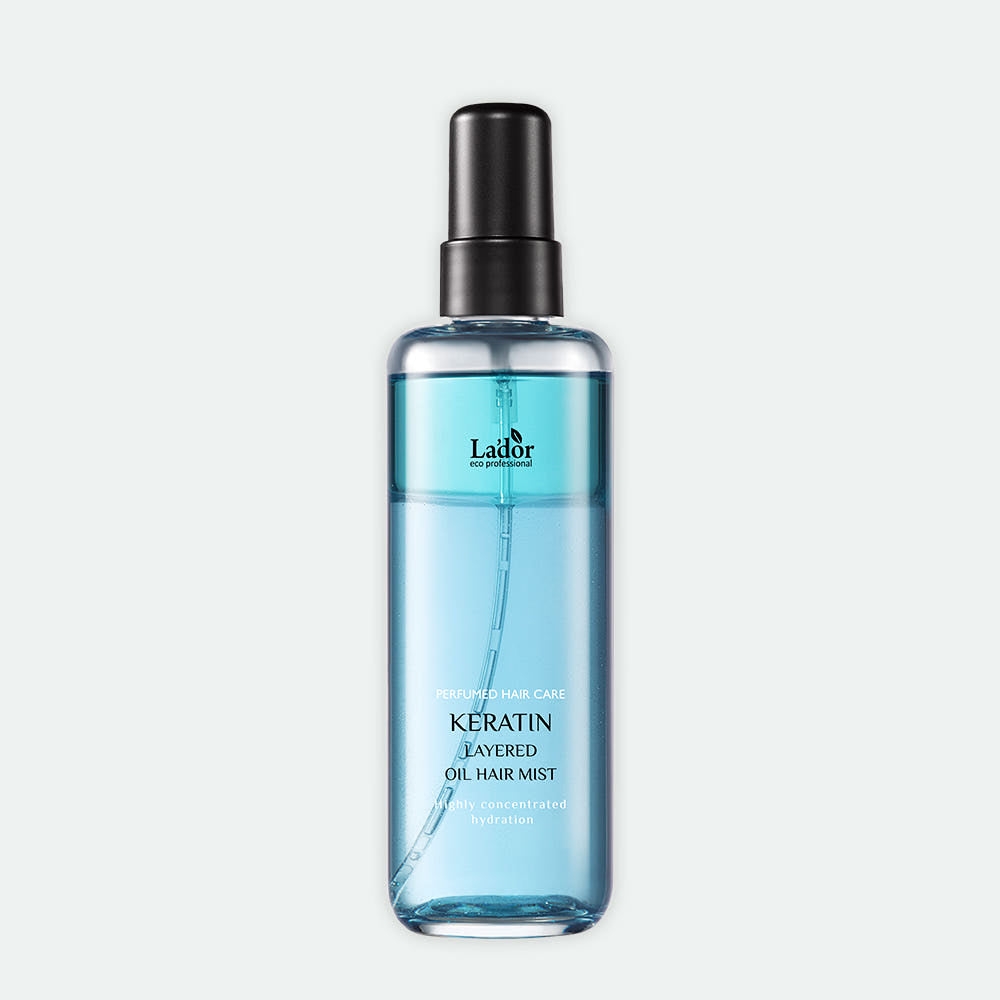 Lador Keratin Layered Oil Hair Mist bottle with blue liquid, black spray cap on Tampa Home & Garden Store