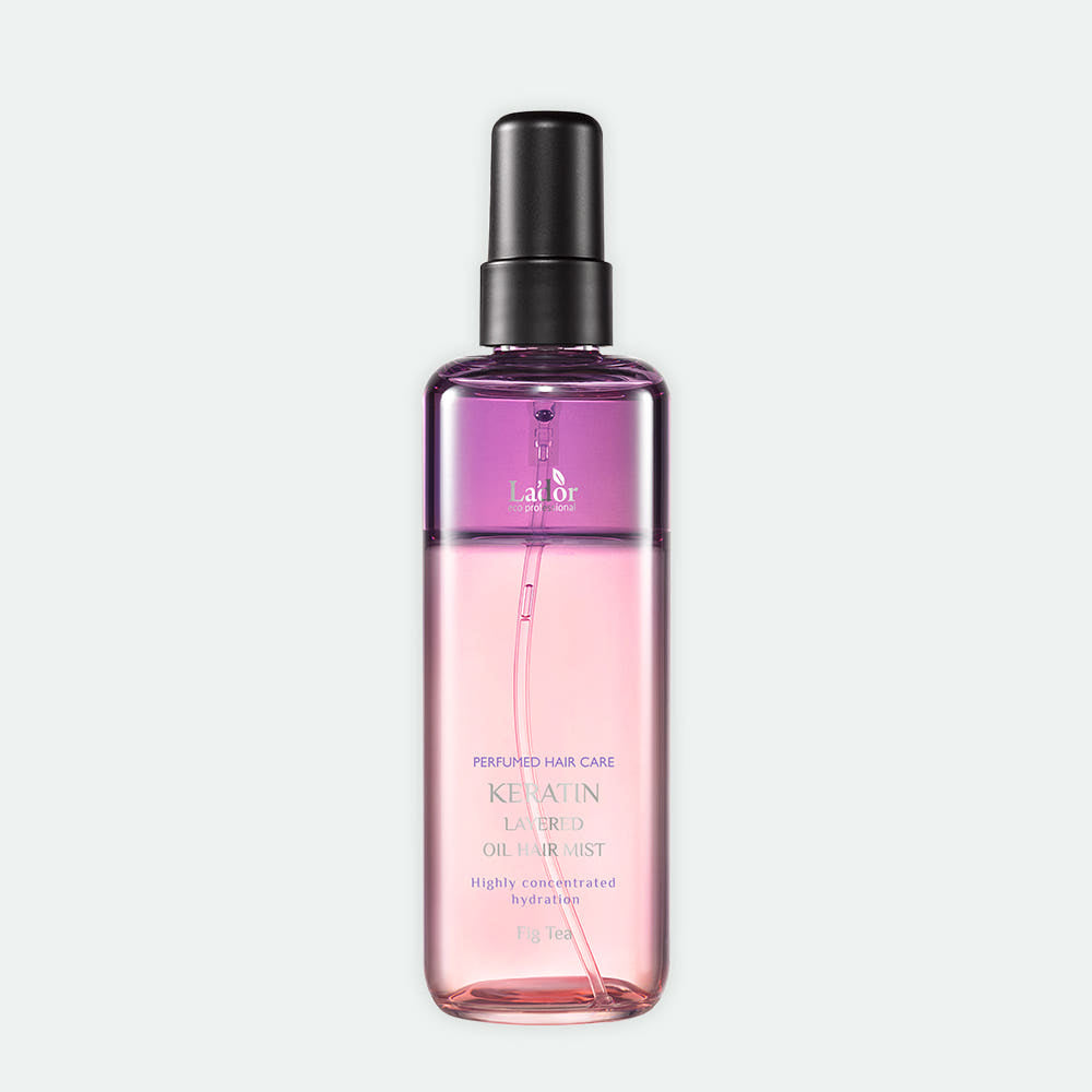 Lador Keratin Layered Oil Hair Mist 130ml bottle with pink liquid and black spray cap on Tampa Home & Garden Store