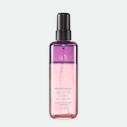 Lador Keratin Layered Oil Hair Mist 130ml bottle with pink liquid and black spray cap on Tampa Home & Garden Store
