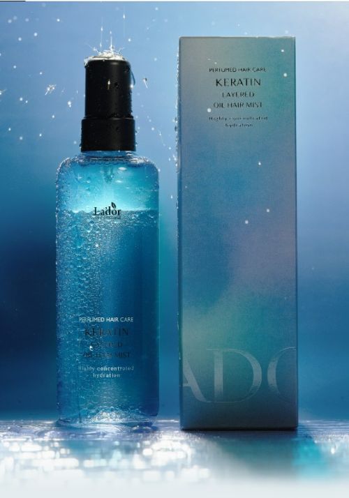 LADOR Keratin Layered Oil Hair Mist 130ml bottle with blue box packaging, Seoulia hair spray on Tampa Home & Garden Store