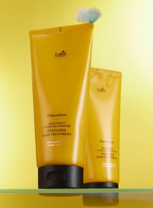 LADOR Perfumed Hair Treatment Osmanthus 380ml tube, gold bottle with black cap, front view on Tampa Home & Garden Store