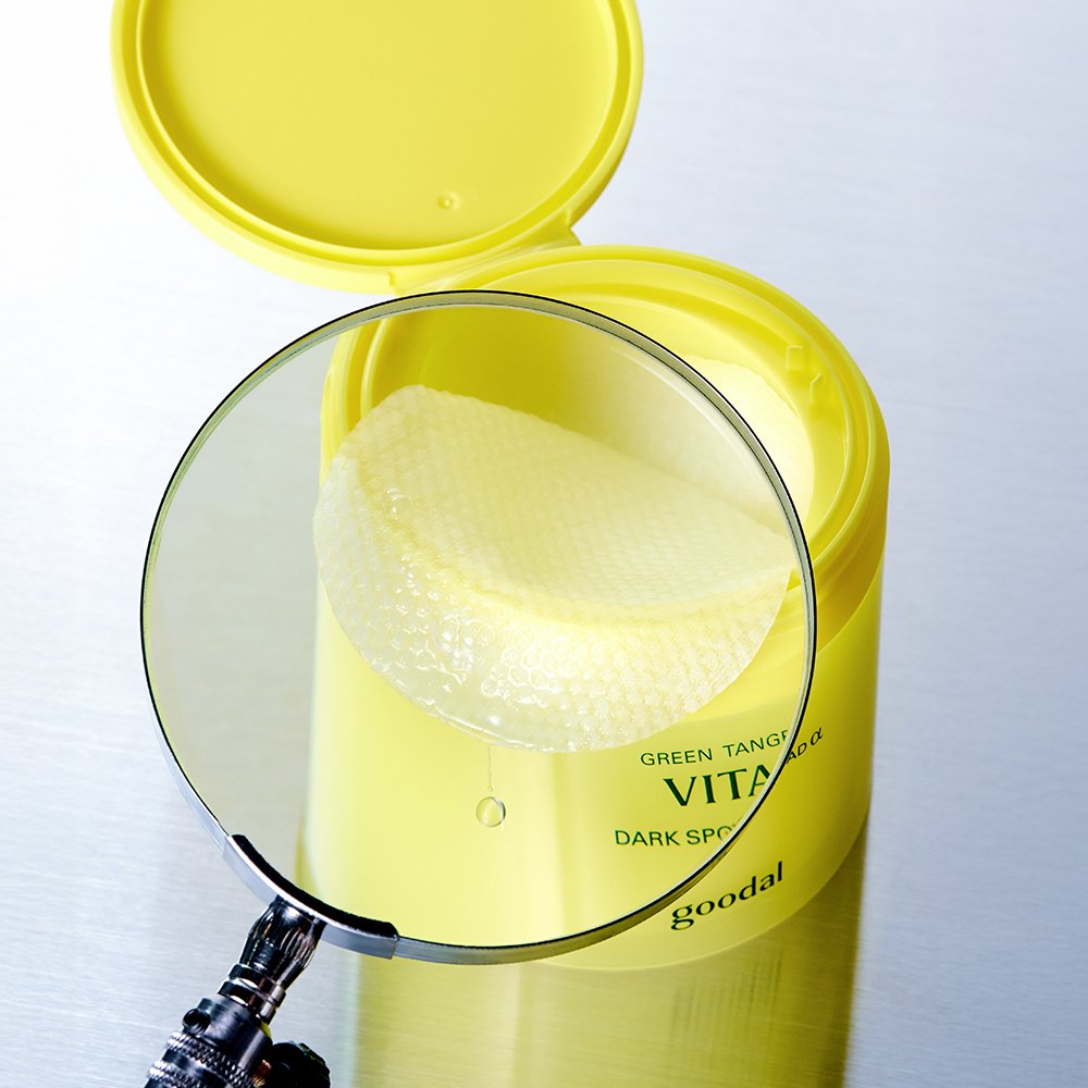 Goodal Green Tangerine Vita-C Dark Spot Care Pad toner in yellow jar with pale circular pads on Tampa Home & Garden Store