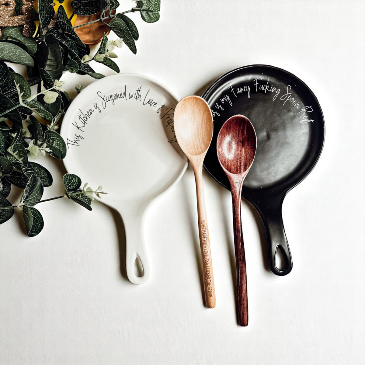 Love & Profanity spoon rests by Gia Roma, white and black round ceramic set on Tampa Home & Garden Store