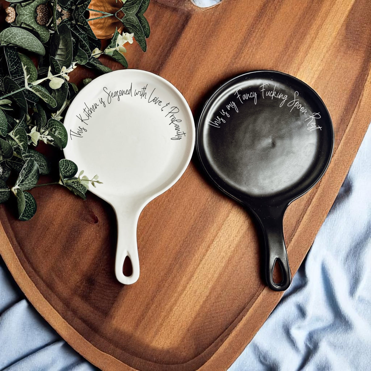 Love & Profanity spoon rests set by Gia Roma, white and black ceramic, 2-piece on Tampa Home & Garden Store