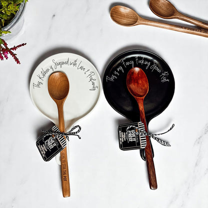 Love & Profanity spoon rests pair white and black Gia Roma with wooden spoons on Tampa Home & Garden Store
