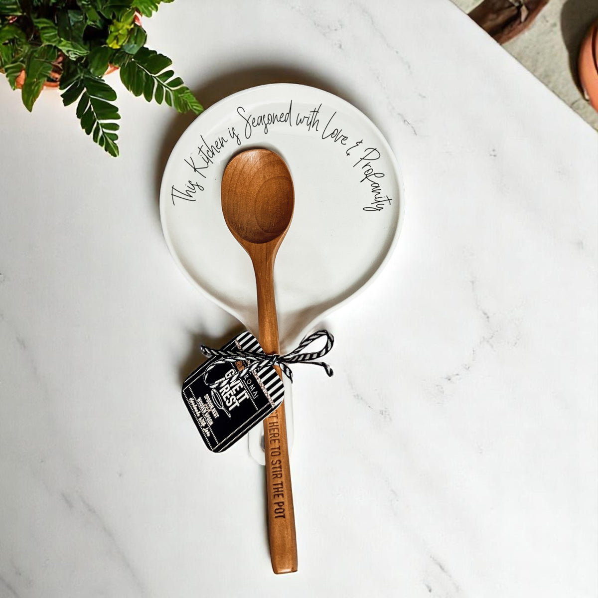 Love & Profanity spoon rest Gia Roma; white ceramic plate with script and spoon on Tampa Home & Garden Store