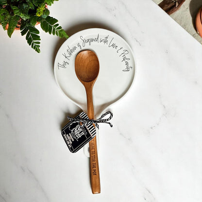 Love & Profanity spoon rest Gia Roma; white ceramic plate with script and spoon on Tampa Home & Garden Store