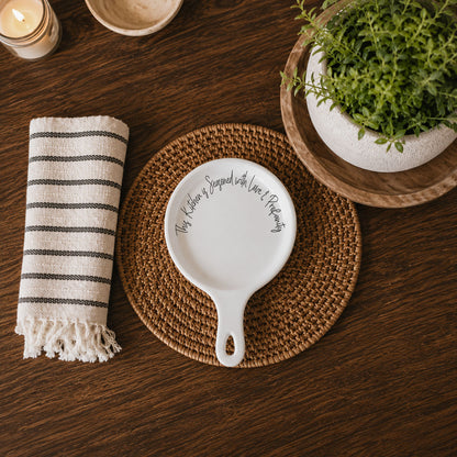 Love & Profanity spoon rest by Gia Roma, white ceramic round with handle, black script on Tampa Home & Garden Store
